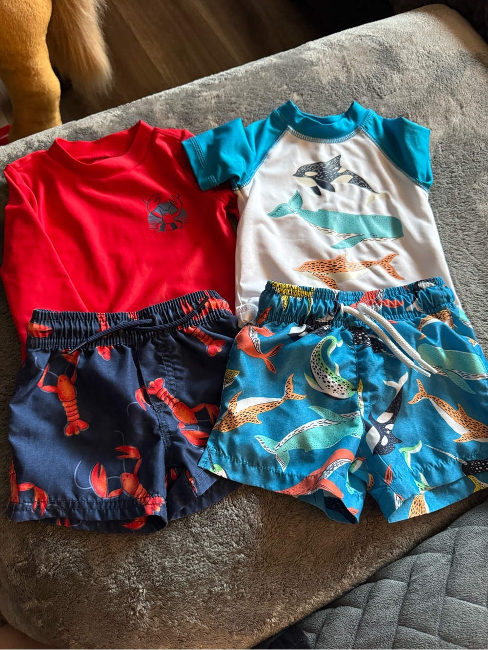 Carter's Red Rash Guard & Blue Whale Shark Swim Shorts Set
